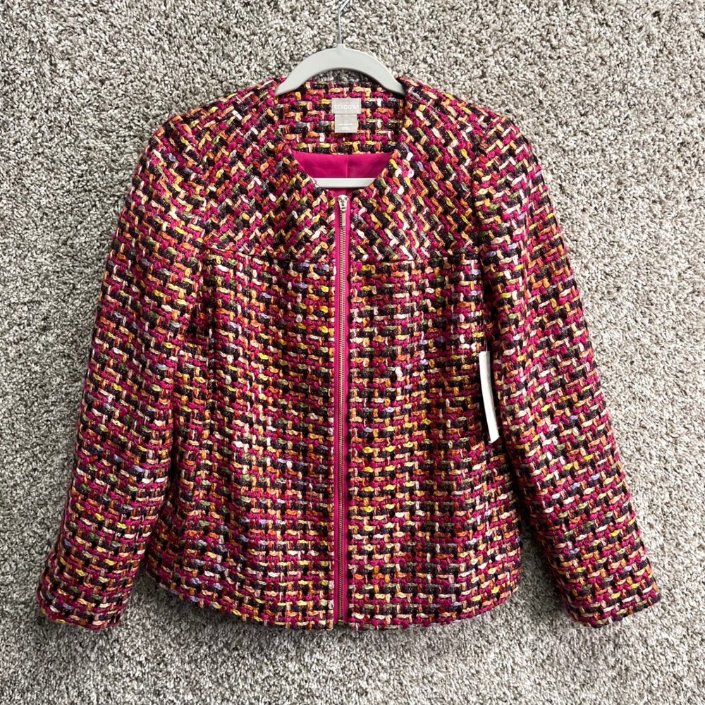 Chico's Jacket Women's 0 / Small / 4-6 Multi-Color Pop Tweed Zip Long Sleeve NWT